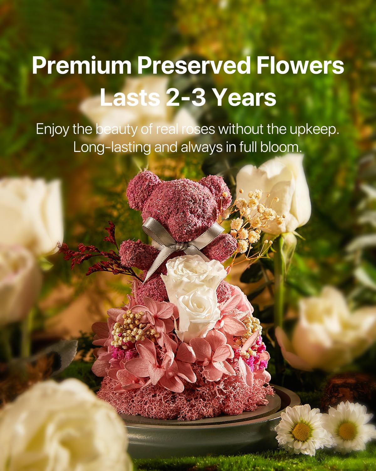 JoyFlower Preserved Flowers in Glass Gifts for Women, Pink Eternal Rose Bear Gift, Preserved Rose Forever Flowers in Glass Dome for Mom Wife Girlfriend on Birthday Anniversary Mother's Valentine's Day