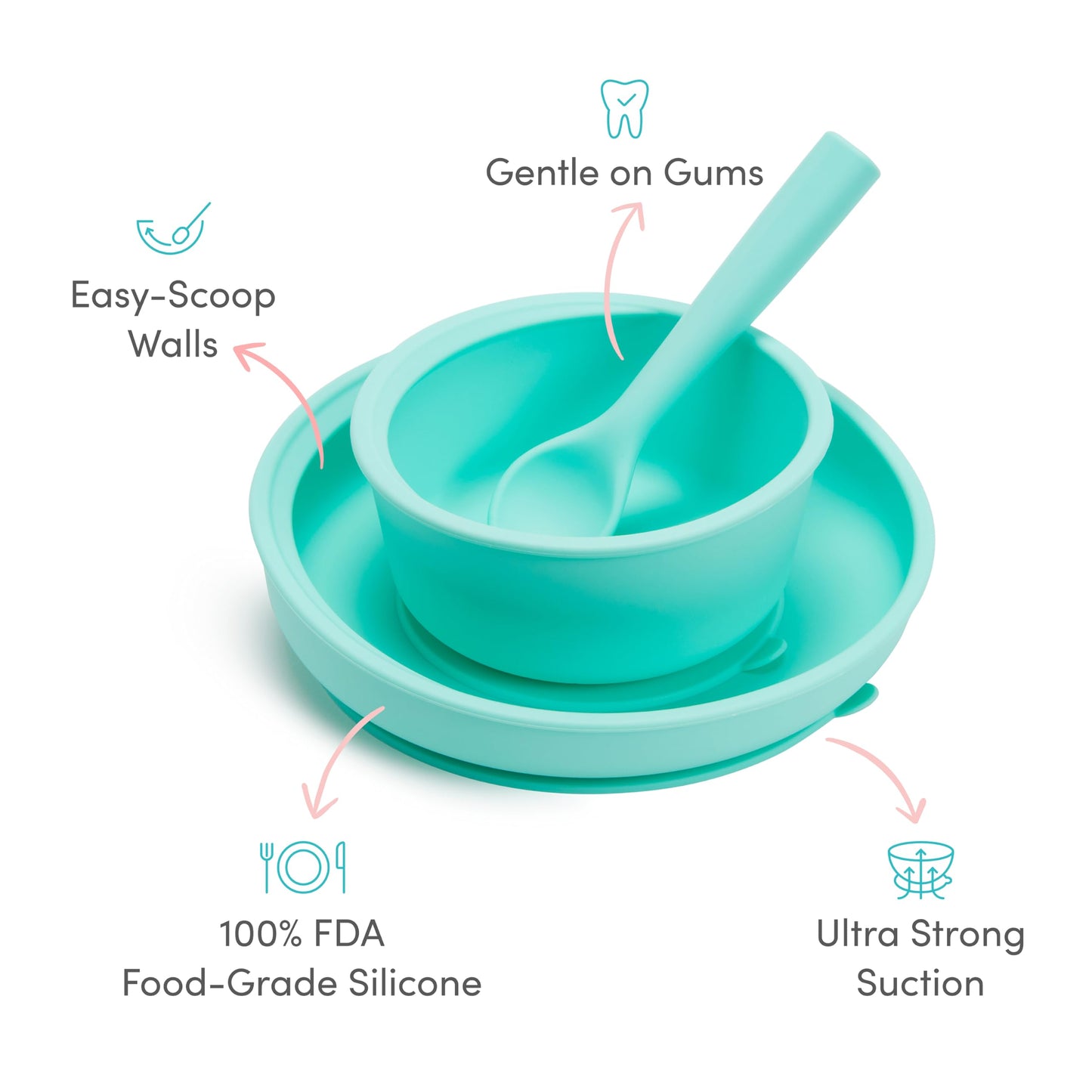Munchkin Silicone Baby Feeding Set, Toddler Suction Bowl, Plate and Spoon, Baby Led Weaning and Infant Self Feeding, C’est Silicone!™ Mealtime Set, 4 Months and Up, BPA Free, Mint