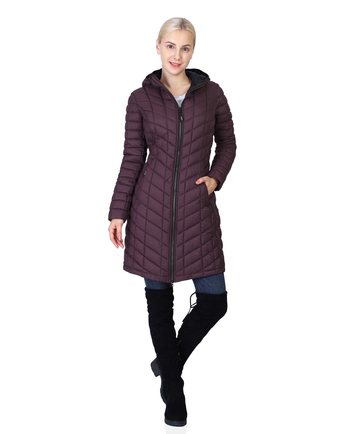 Outdoor Ventures Women's Lightweight Warm Winter Long Puffer Coat with Hood-Large,36"