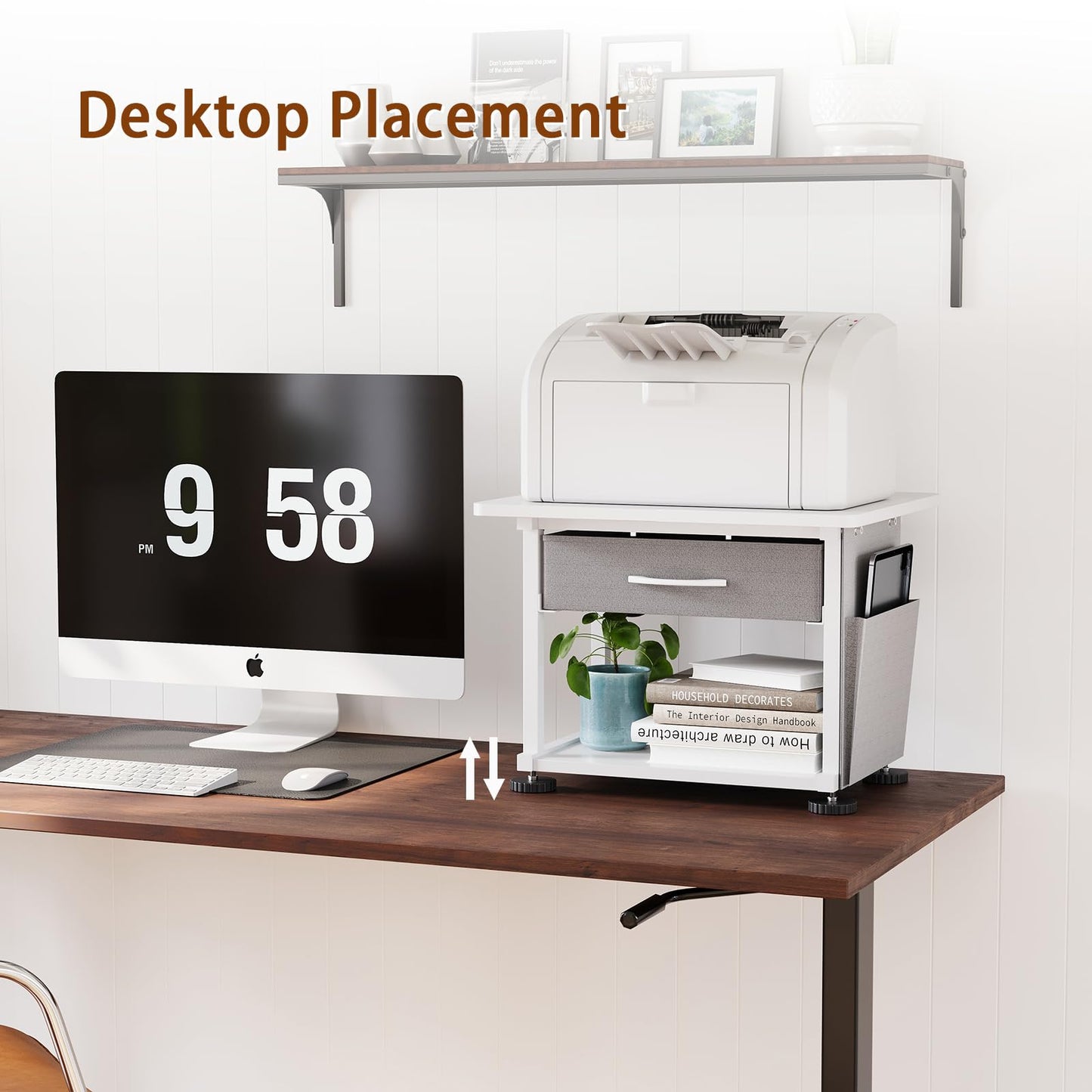 MIXISAV 2 Tier Printer Stand with Storage Drawer - Under Desk Rolling Printer Cart for Home Office, Small Printer Table with Industrial Locking Wheels fit Fax Machine/Scanner (White)
