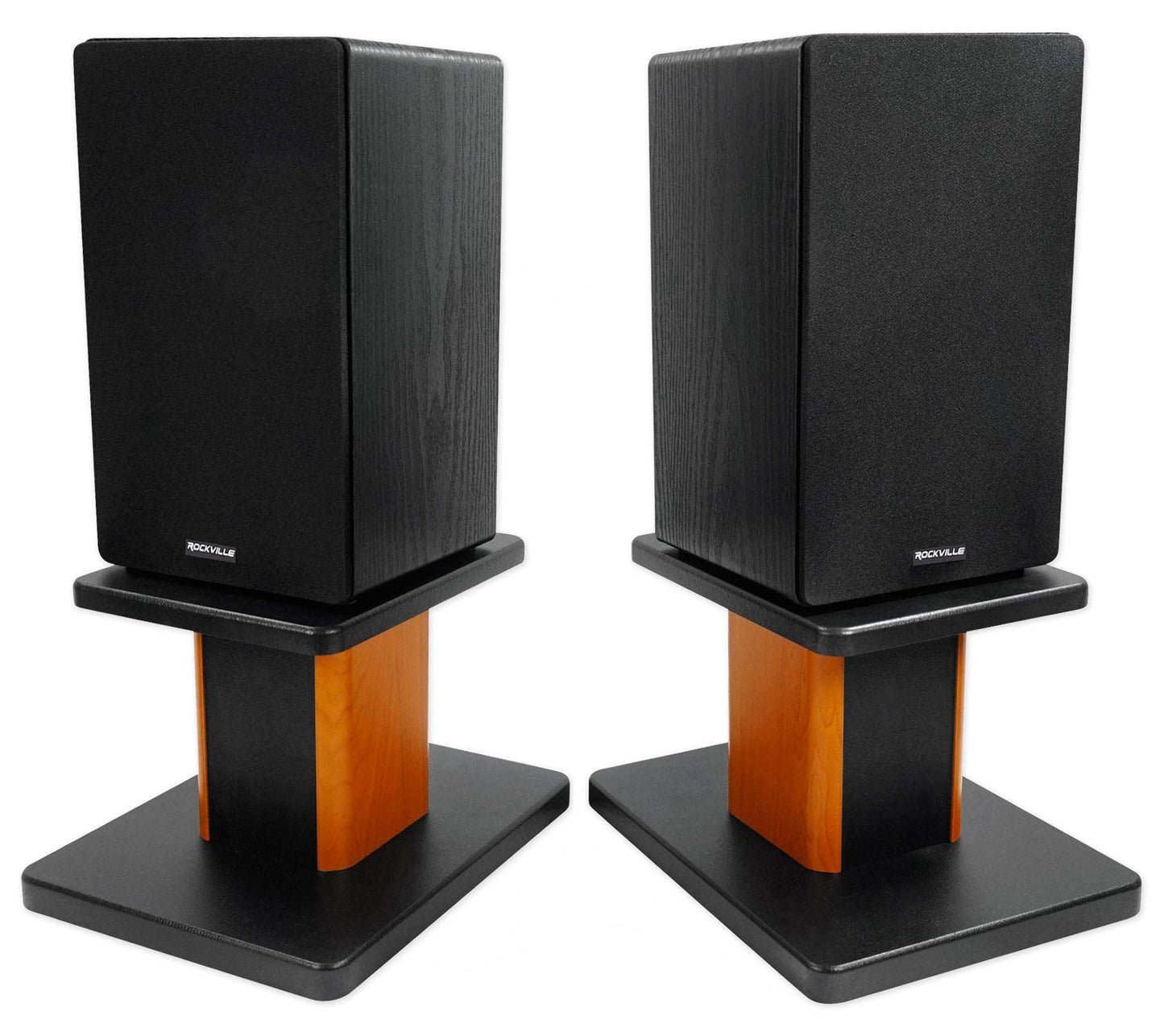 Rockville RHT8C (2) 8" Desktop Speaker Stands, 66 lbs. Capacity, Wood Finish, Resonance-Free, Cable Management, Isolation Pads, for Bookshelf/Studio Monitors