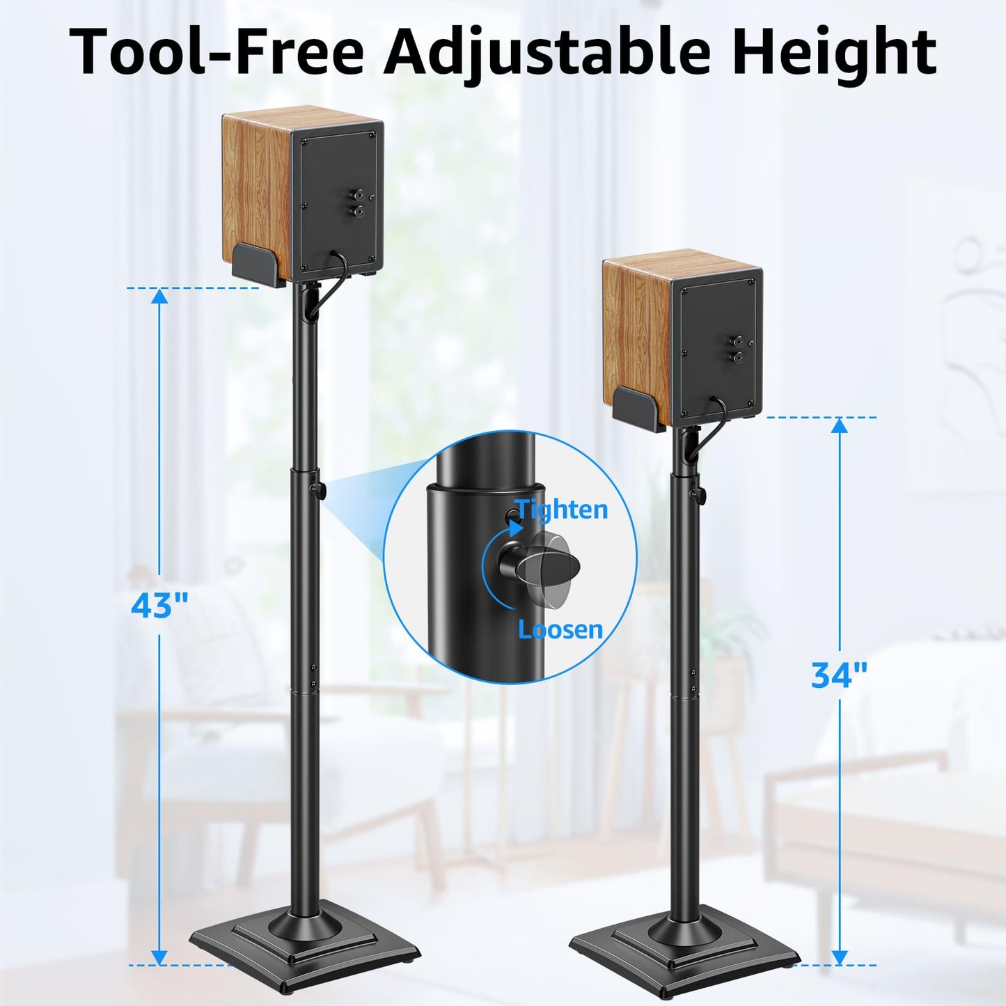 MOUNTUP Universal Speakers Stands Pair 34" to 43.3" Height Adjustable Holds Bookshelf Speakers Satellite Speakers Up to 11LBS Cable Concealing 1 Pair Spring-Loaded Plate Extends to 10" MU9138 Black