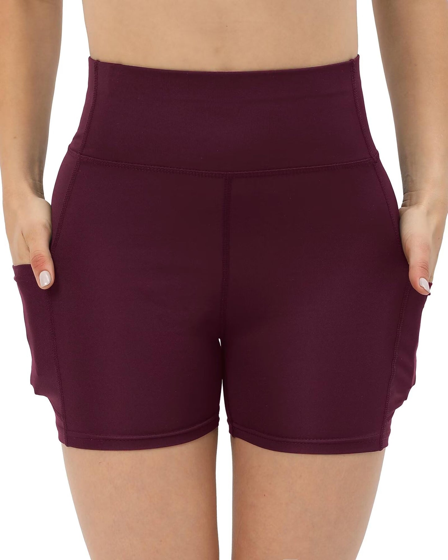 JCFSYXGS Workout Yoga Biker Shorts for Women with Pockets,Soft High Waisted Tummy Control Running Gym Shorts Wine Red