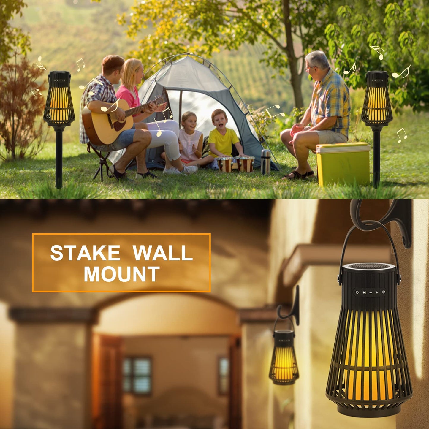 Outdoor Bluetooth Flame Speaker, Tesoorda LED Flickering Flame Effect Speaker with Torch Light, Portable Waterproof Wireless Speaker with Wall Mounted Hook&S Hook&Stake for Camping, Deck, Patio, 2Pack