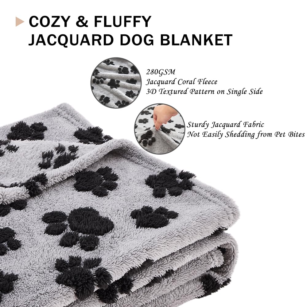 Qeils Jacquard Dog Blankets for Small Dogs, Cozy Calming Blanket for Indoor Cats, 280GSM Coral Fleece Plush Fluffy Throw Blanket, Black Paws, 25x30IN