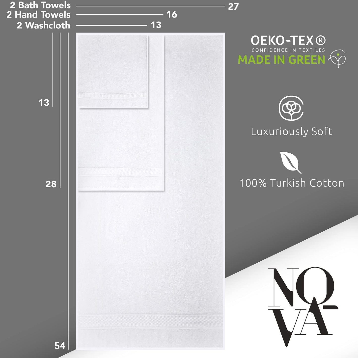 NOVA Luxury Linen - Hotel Quality Turkish Towel Set for Bathroom (6 Pcs Towel Set, Pure White)