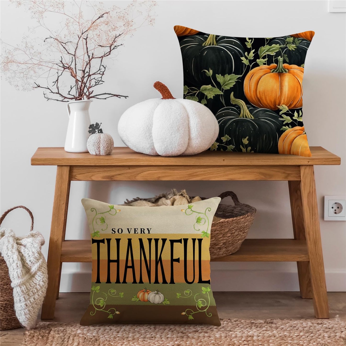 NIGHTWISH Fall Pillow Covers 18x18 Set of 4 Thanksgiving Farmhouse Decorations Dark Green Orange Pumpkin Outdoor Fall Decor Throw Pillow Covers Striped Vines Harvest Autumn Cushion Case for Sofa Couch