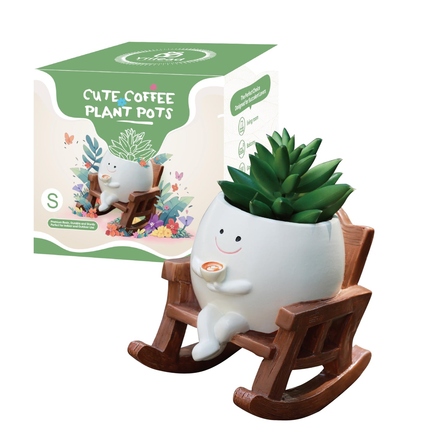 Smiley Face Planter Pot, Cute Coffee Plant Pots for Indoor Outdoor,Unique Rocking Chair Plant Pot for Succulents Plants Live with Drainage Hole,Gift IdeaI for Mother and Appreciation Christmas (Small)