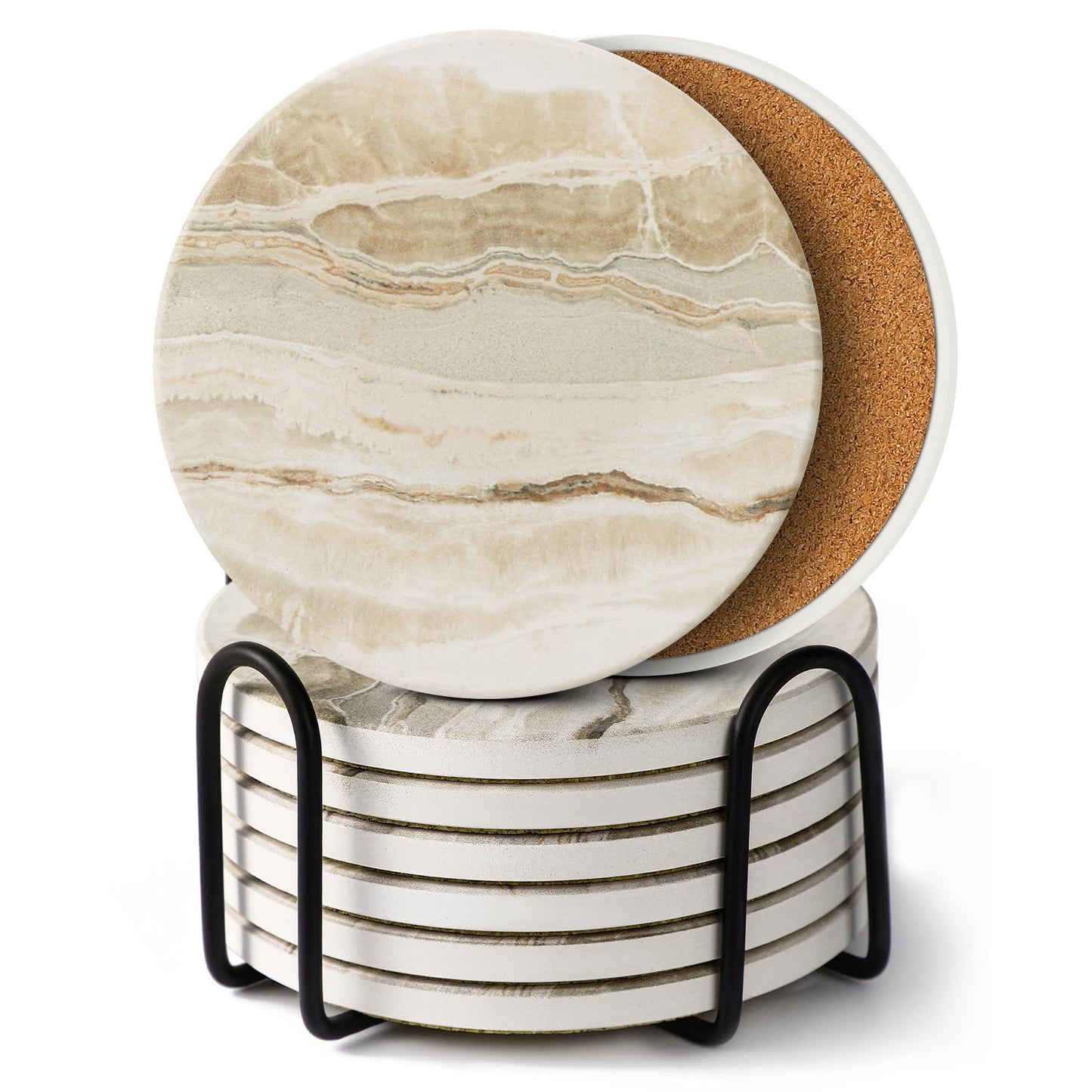 LIFVER Coasters Set of 6, Coasters for Drinks Absorbent Stone with Holder, Black Marble Style Ceramic Drink Coaster for Tabletop Protection, Coffee Table Decor Ideal for Home Decor House Warming Gifts