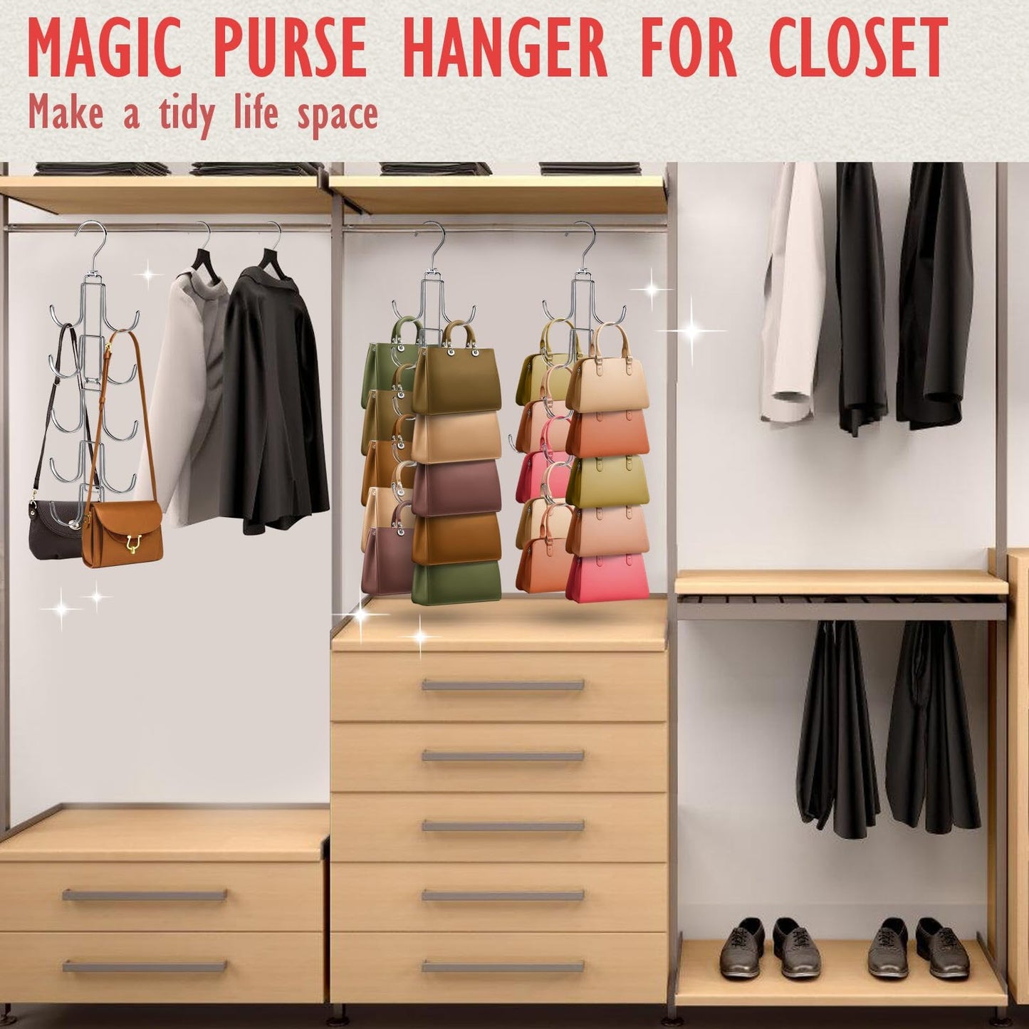 Purse Organizer for Closet, Upgraded Purse Hanger with 10 Big Hooks, 360 Degree Rotation for Better Organizer&Display, Collapsible Space Saving Hangers Rack for Handbag, Belt, Scarve, Tie