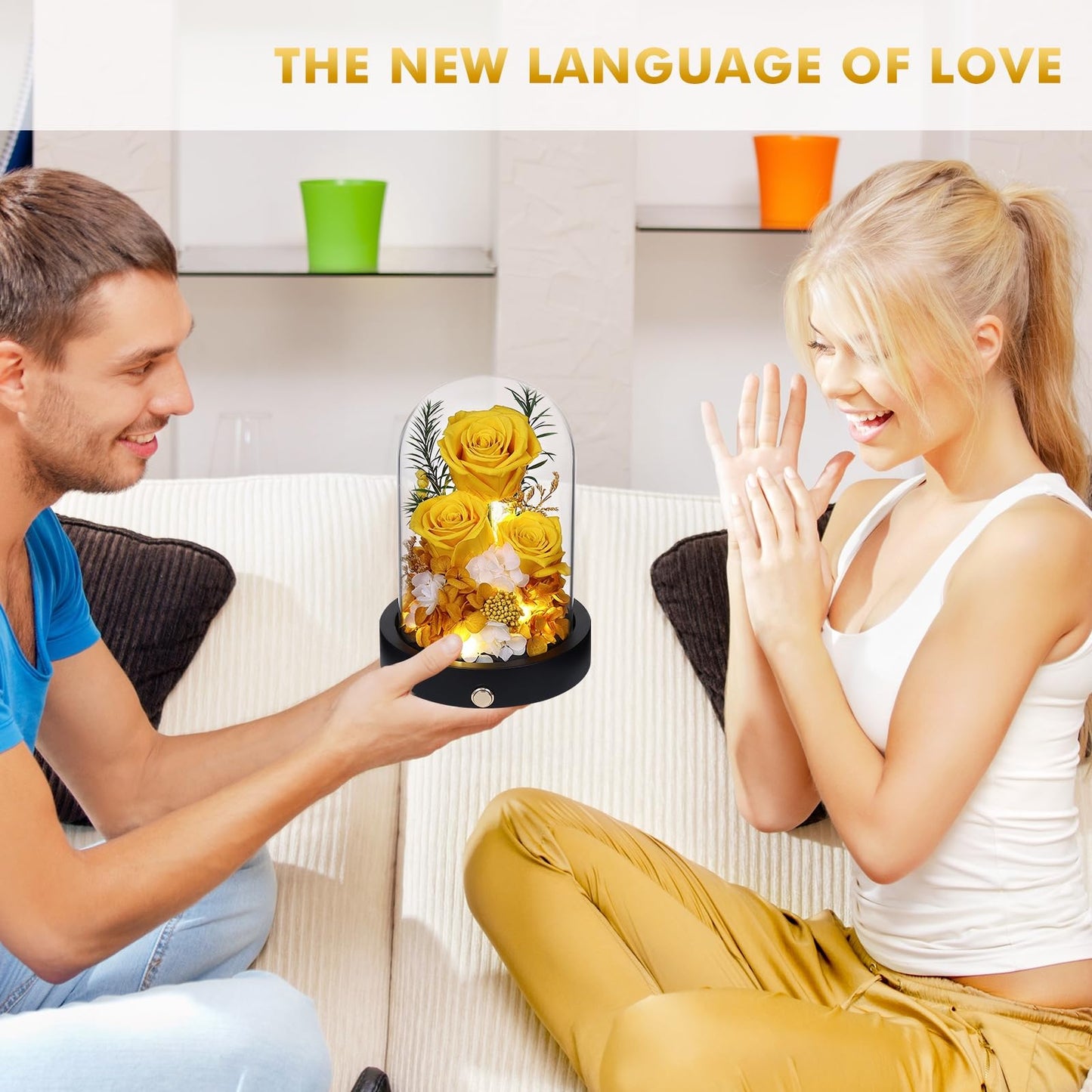 Pinnetetti Flowers for Delivery, 3 Yellow Forever Roses in Glass Dome with LED, Preserved Real Rose, Valentines Day Anniversary Birthday Mothers Day Flower Gifts for Mom Her Women Wife Mother