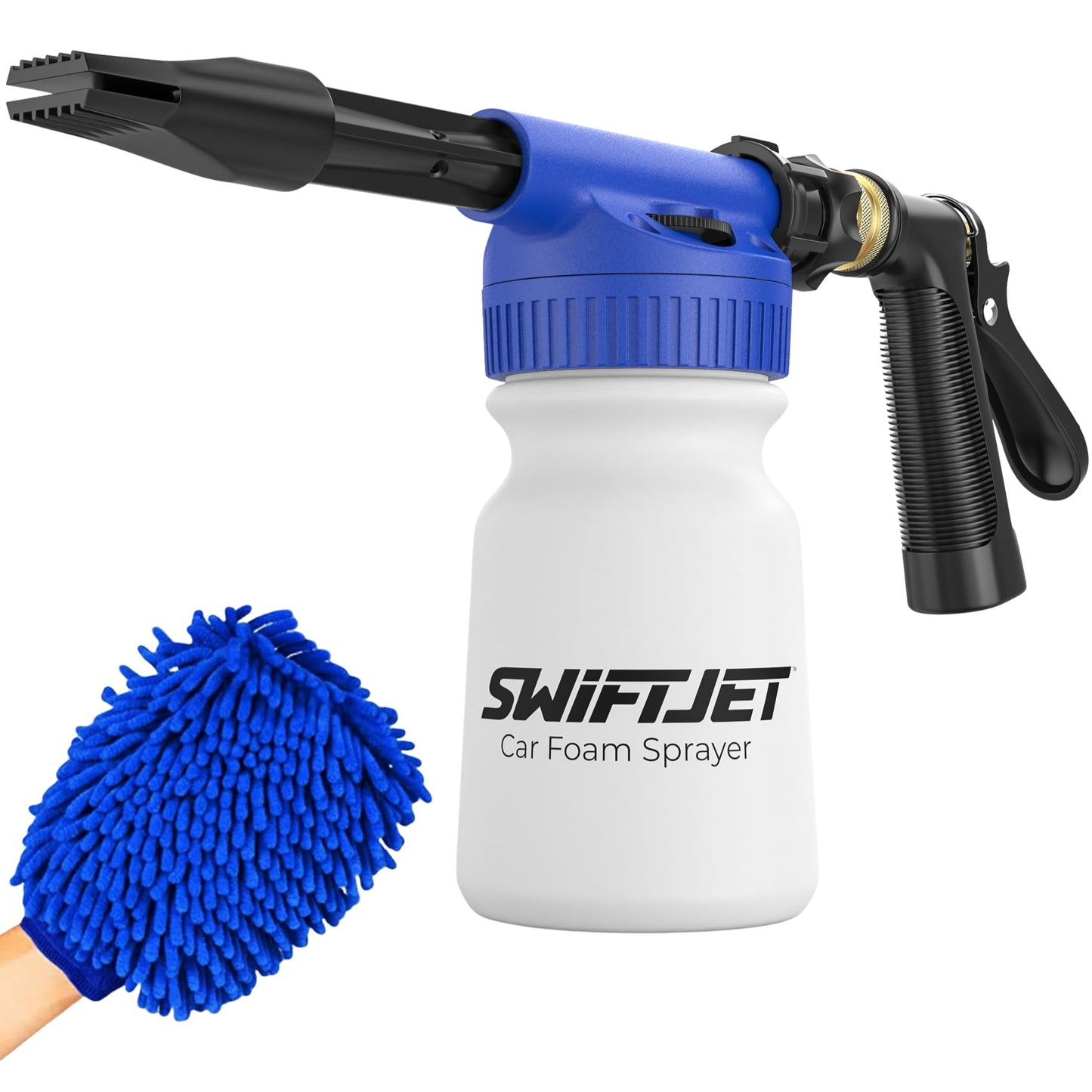 SwiftJet Car Wash Foam Gun + Microfiber Wash Mitt - Car Foam Sprayer - Car Wash Kit - Foam Cannon Garden Hose Sprayer - - Car Accessories for Men - Snow Foam Blaster (Orange Foam Gun with Mitt)