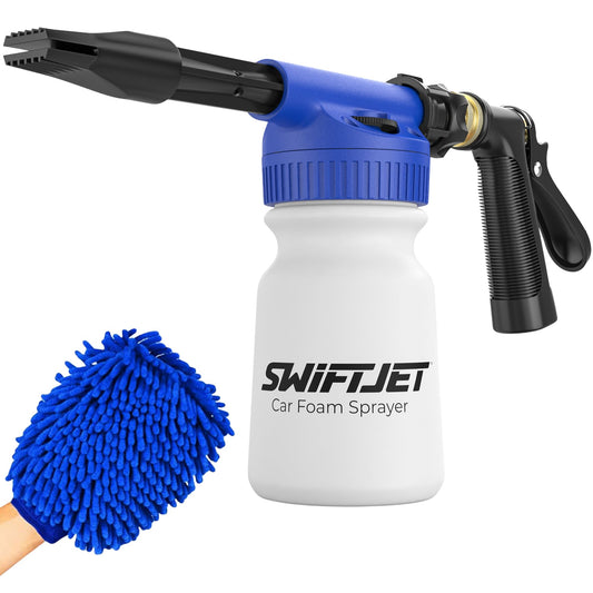 SwiftJet Car Wash Foam Gun + Microfiber Wash Mitt - Car Foam Sprayer - Car Wash Kit - Foam Cannon Garden Hose Sprayer - - Car Accessories for Men - Snow Foam Blaster (Orange Foam Gun with Mitt)