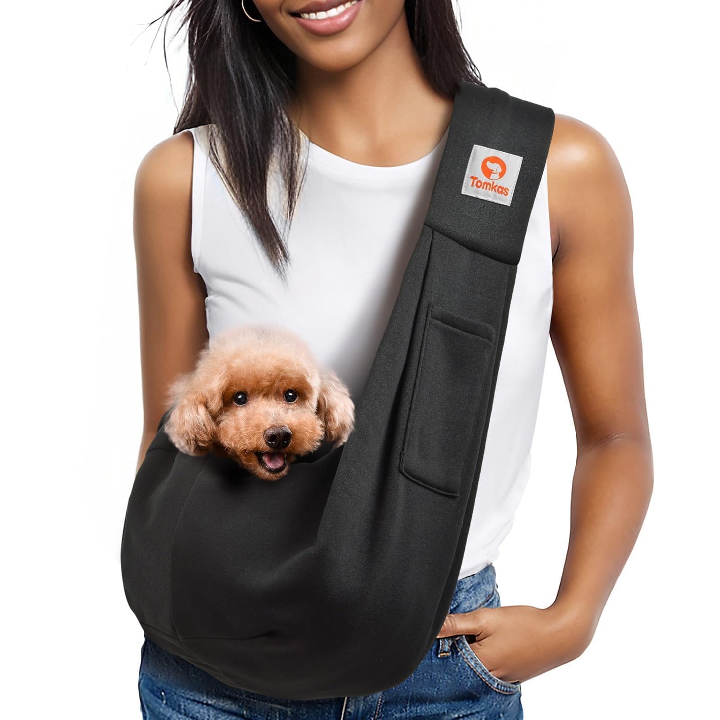 Tomkas Small Dog Sling Carrier - Classic Pocket & Classic Strap - for 3-10 lbs Pets(Black)