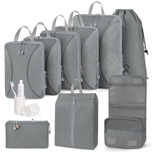 Compression Packing Cubes 10 Sets, Packing Organizers, Extensible Suitcase Organiser Bags, Travel Organizer Cubes for Travel Essentials Grey