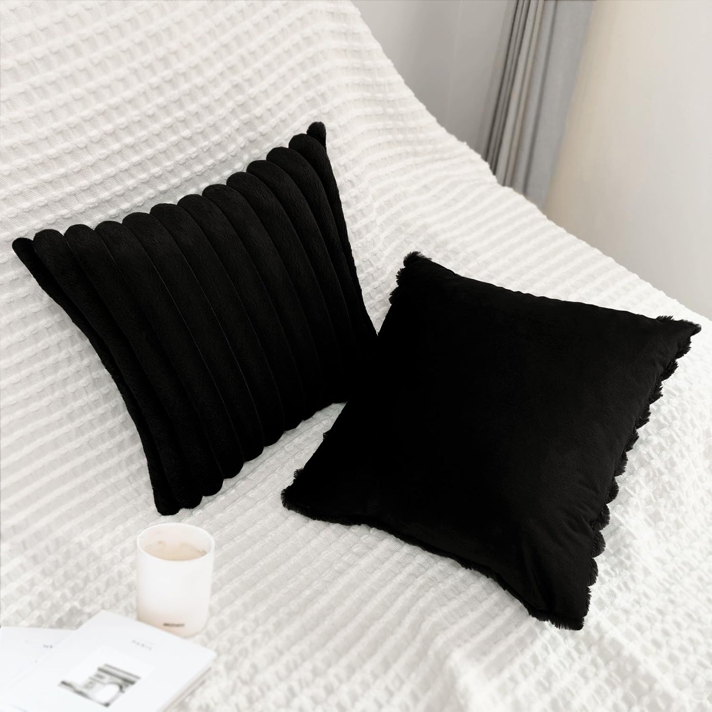 Bunliuys 2 Pack Pillow Covers, 20x20 Faux Fur Square Throw Pillow Covers for Living Room Decorations Throw Pillow Case, Throw Pillow Cover Cushion Cover for Home Sofa Bedroom Car, Black