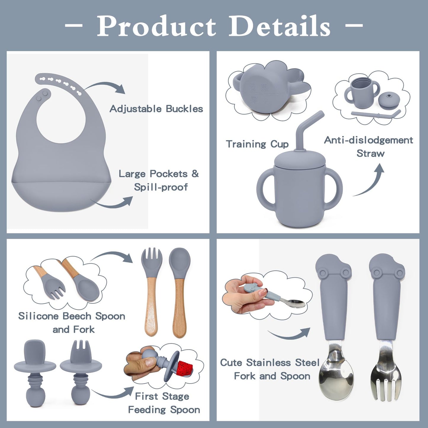 SILI FACTORY Silicone Baby Feeding Set - 10PCS Suction Baby Bowl and Divided Toddler Plates Adjustable Bib Cup Spoons Forks -Baby Led Weaning Supplies, Baby Utensils Eating Essential Set for 6+ Months