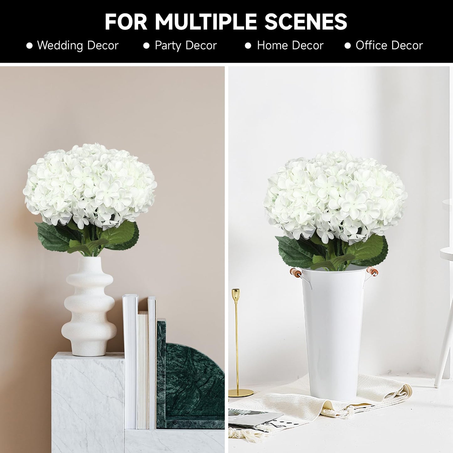 Subacy 6 PCS Artificial Hydrangea Flowers, Faux Silk Hydrangea with Long Stems, Home Wedding Decor, Table Centerpieces, Party Decorations(White)