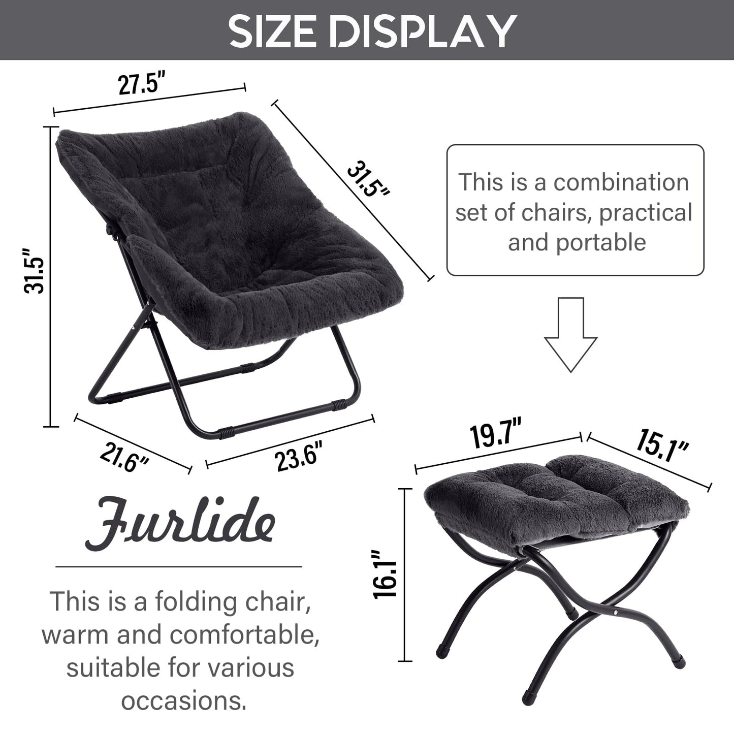 Furlide Oversized Folding Faux Fur Chair with Ottoman, X-Large Soft Saucer Chair, Foldable Metal Frame for Bedroom, Living Room, Balcony (Black)