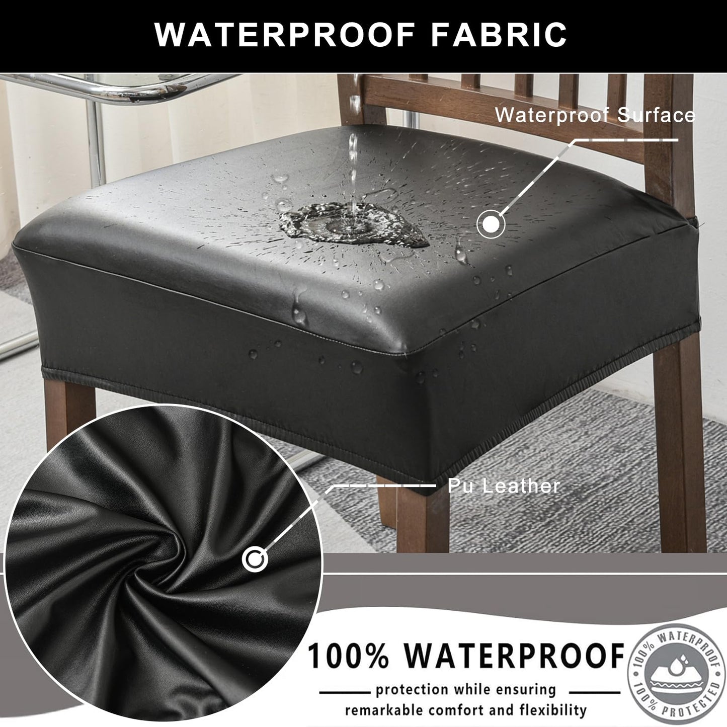 NILUOH Waterproof Seat Covers for Dining Room Chairs Set of 4, Pu Leather Chair Seat Slipcovers Dining Chair Cover Removable Washable Chair Protctor Cover, Rear Covers (PU-Black)