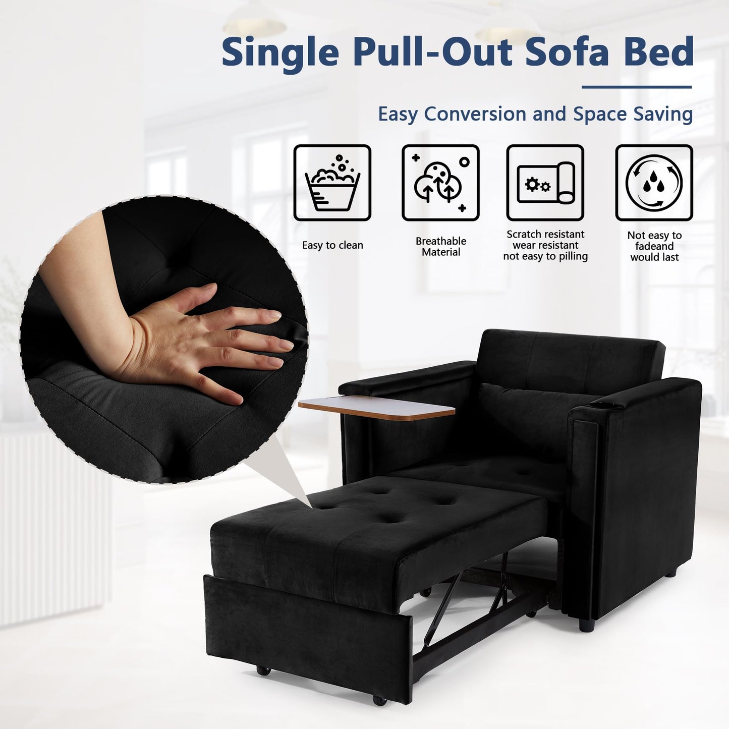 weselon Velvet Convertible Chair Bed, 3 in 1 Multi-Functional Lounge Chair Sleeper, Pull Out Couch Guest Bed with Hidden Table and Adjustable Backrest for Living Room Small Space Apartment (Black)