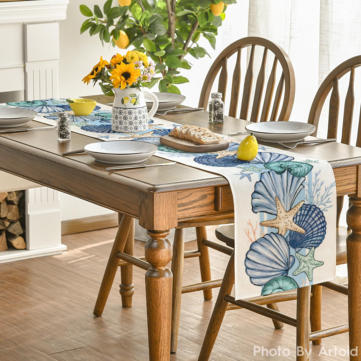 Artoid Mode Sea Shell Starfish Summer Table Runner,Spring Ocean Kitchen Dining Table Decoration for Home Party Decor 13x72 Inch