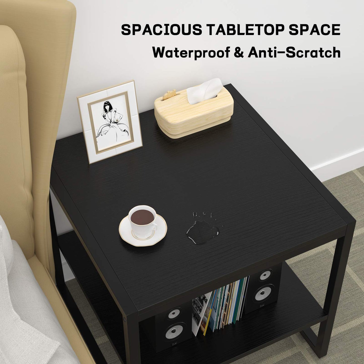 Homieasy End Table, 20 Inch Square End Table, Mini Fridge Stand with 2-Tier Storage Shelves, Industrial Wood Side Tables for Living Room, Black