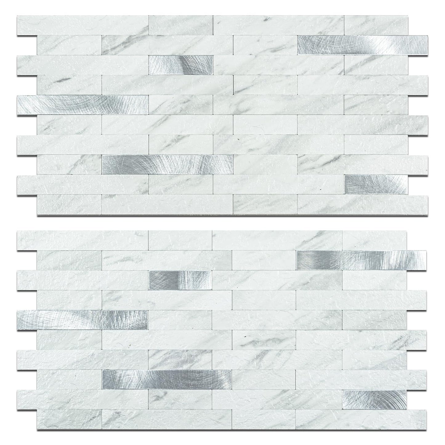 StyloVue 2 Sheets Peel and Stick Backsplash for Kitchen, White Marble with Metal Silver Look Stick on Tile Upgrade Your Kitchen Backsplash, RV, Fireplace