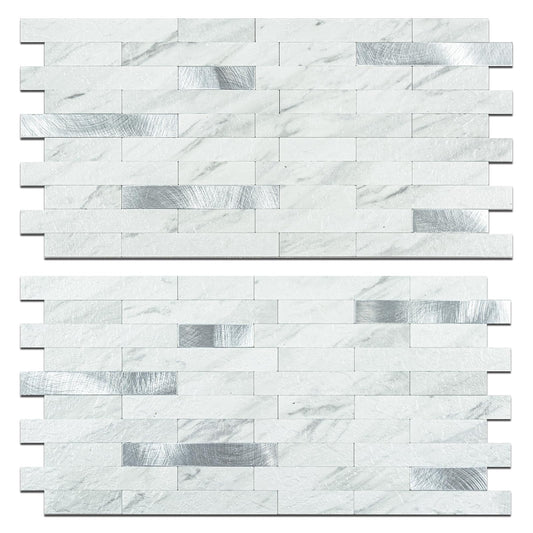 StyloVue 2 Sheets Peel and Stick Backsplash for Kitchen, White Marble with Metal Silver Look Stick on Tile Upgrade Your Kitchen Backsplash, RV, Fireplace