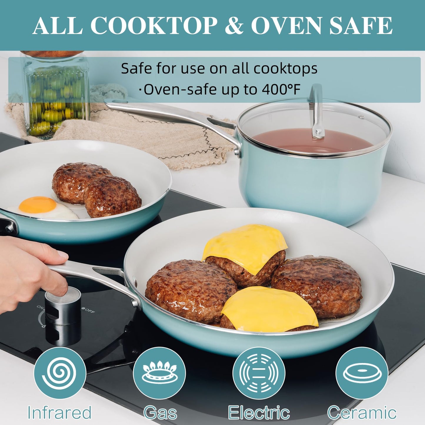 ONGIFT Kitchen Pots and Pans Set Non Stick, 11 Pieces Cookware Set Ceramic Nonstick Coated, Scratch-Resistant, PFAS, PFOA Free, Oven Safe, Rapidly & Evenly Heats, Enamel Exterior Cooking Set - Teal