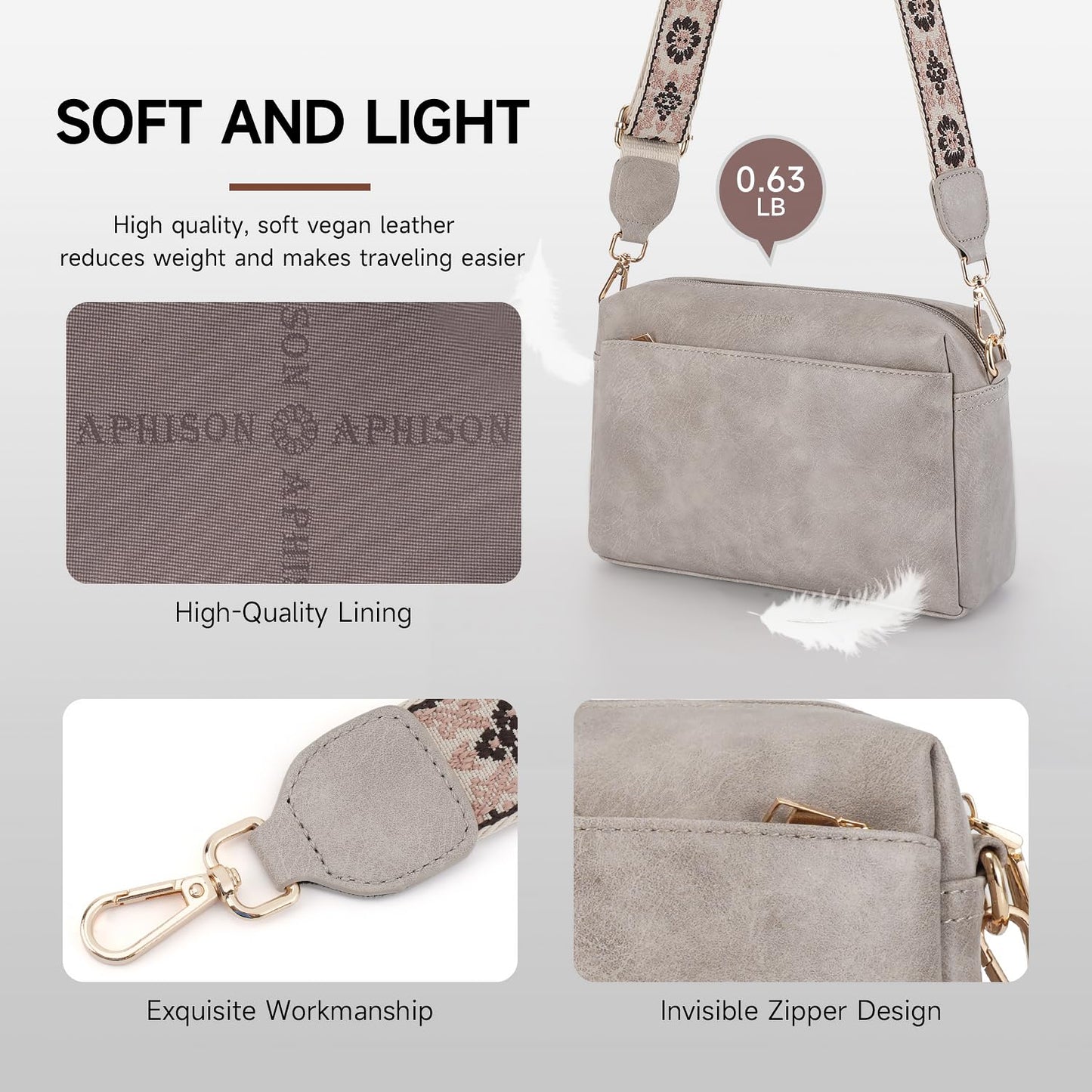APHISON Small Crossbody Bags for Women, Triple Zip Crossbody Cell Phone Purse Shoulder Handbags with Adjustable Strap Gray