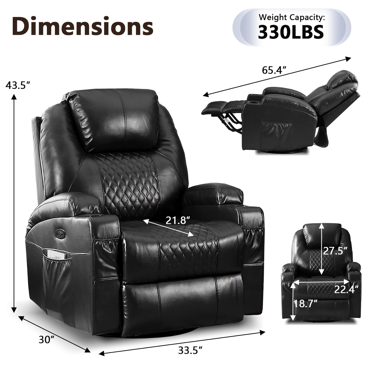 AHMED Power Swivel Rocker Recliner Chair with Massage and Heat, Faux Leather Home Theater Seating with LED Ambient Lighting, Glider Reclining Sofa with Cup Holders for Living Room,Black