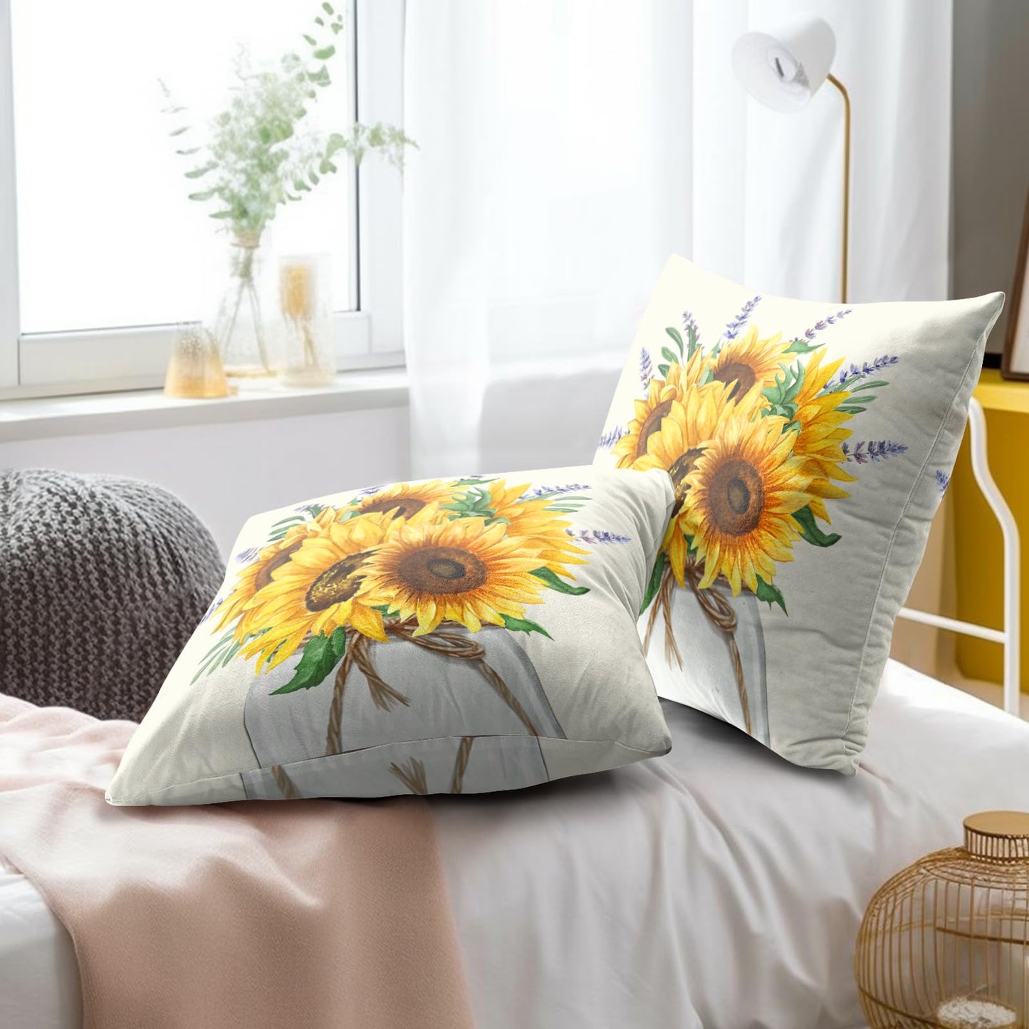 Mweet Sunflower Throw Pillows Covers 18 x 18 Inch - 2PCS Nature Summer Flower Vase Floral Decorative Square Pillowcases for Couch Sofa Bench Living Room Bedroom Decoration