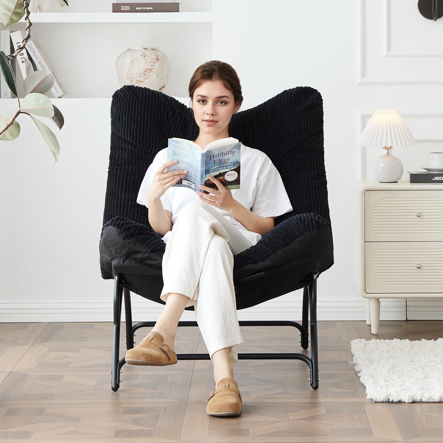 Welnow Accent Lounge Lazy Chair, Comfy Soft Leisure Metal Frame Reading Chair, Upholstered Thick Cushion Seated Recliner Sofa for Living Room, Bedroom, Dorm, Black