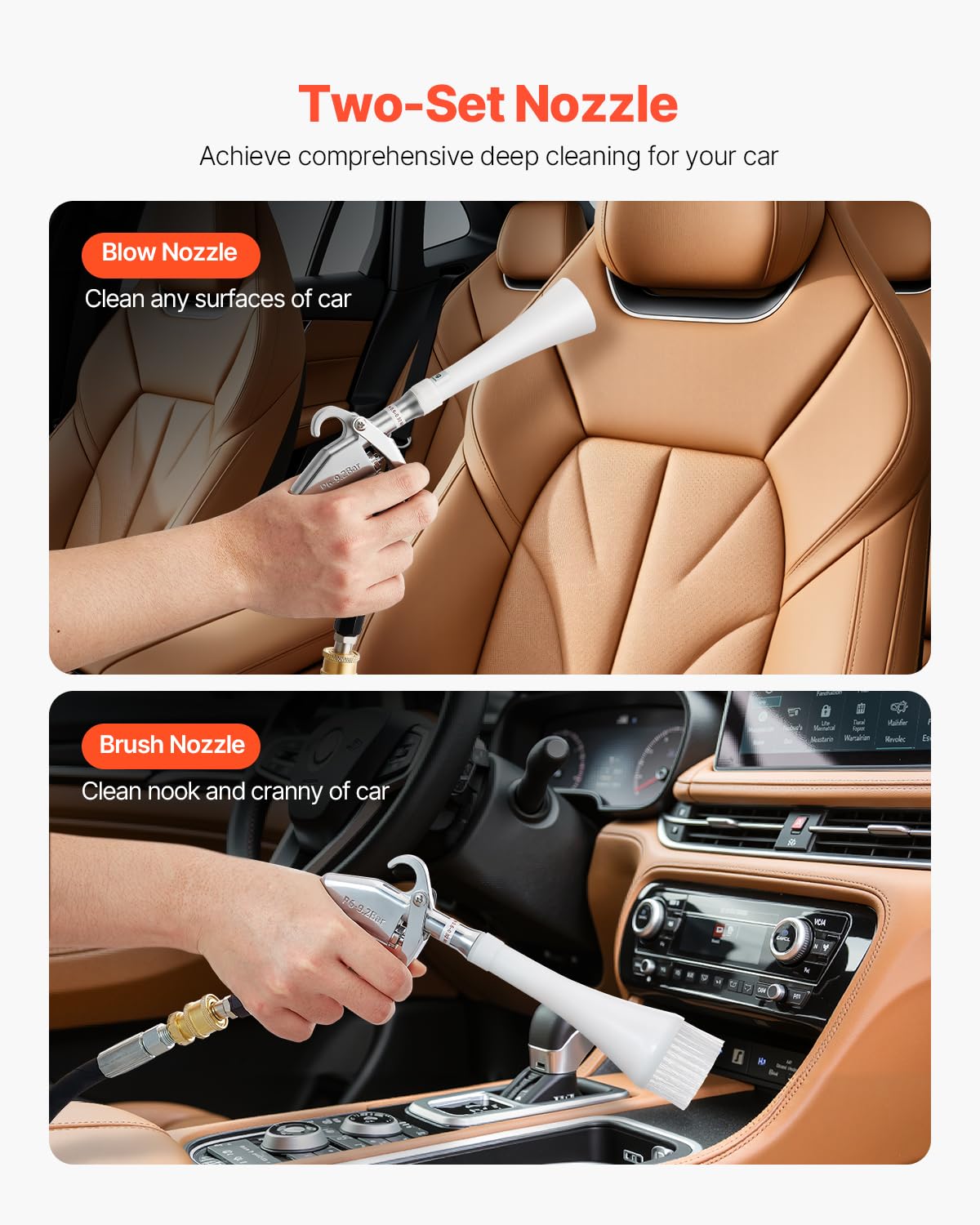 VEVOR Car Cleaning Gun, 6-9.2 Bar High-Pressure Air Blow Gun with 2 Set Nozzles, 360° Rotating Nozzle for Thorough Cleaning, Quickly Blasts Dirt and Dust from Surface, Work with 1/4 NPT Air Compressor