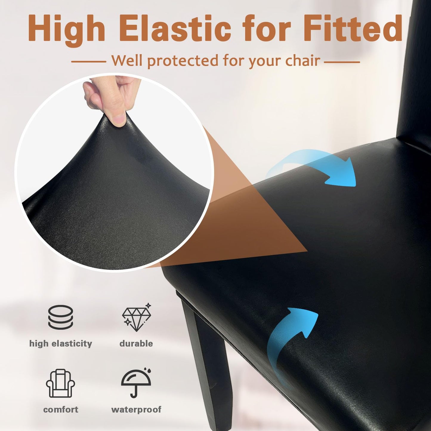 Soft Leather Chair Covers for Dining Chairs set of 6, Stretch Waterproof Dining Chair Covers Protector Oilproof and Scratch-Proof Parson Chairs Cover Modern Style for Kitchen Room(Black, 6Pcs)