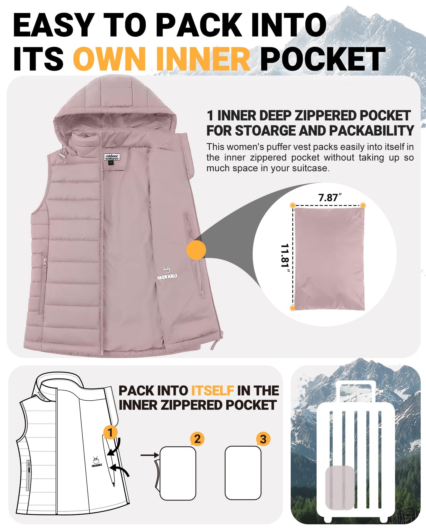 Outdoor Ventures Women's Lightweight Packable Hooded Puffer Vest Outerwear Zip Up Warm Sleeveless Winter Jacket Quilted Coat