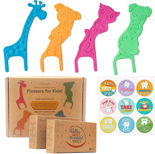 Biodegradable Kids Flossers - 200 Pack, Natural, Fluoride Free, Animal Kids Dental Floss Sticks - Mild Orange