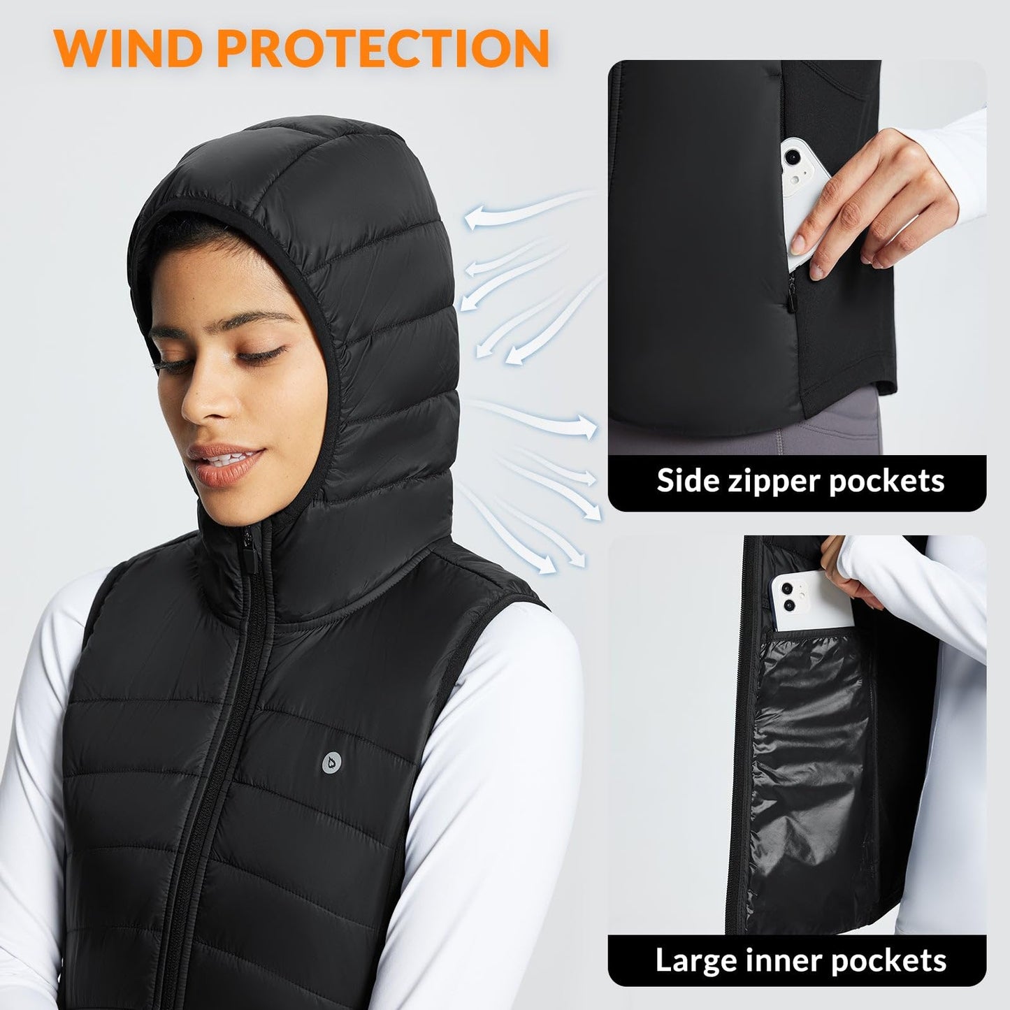 baleaf Puffer Vest Women Running Vests Sleeveless Fall Winter Hooded Slim Fit Lightweight Hybrid Water Resistant Down Jacket Black M