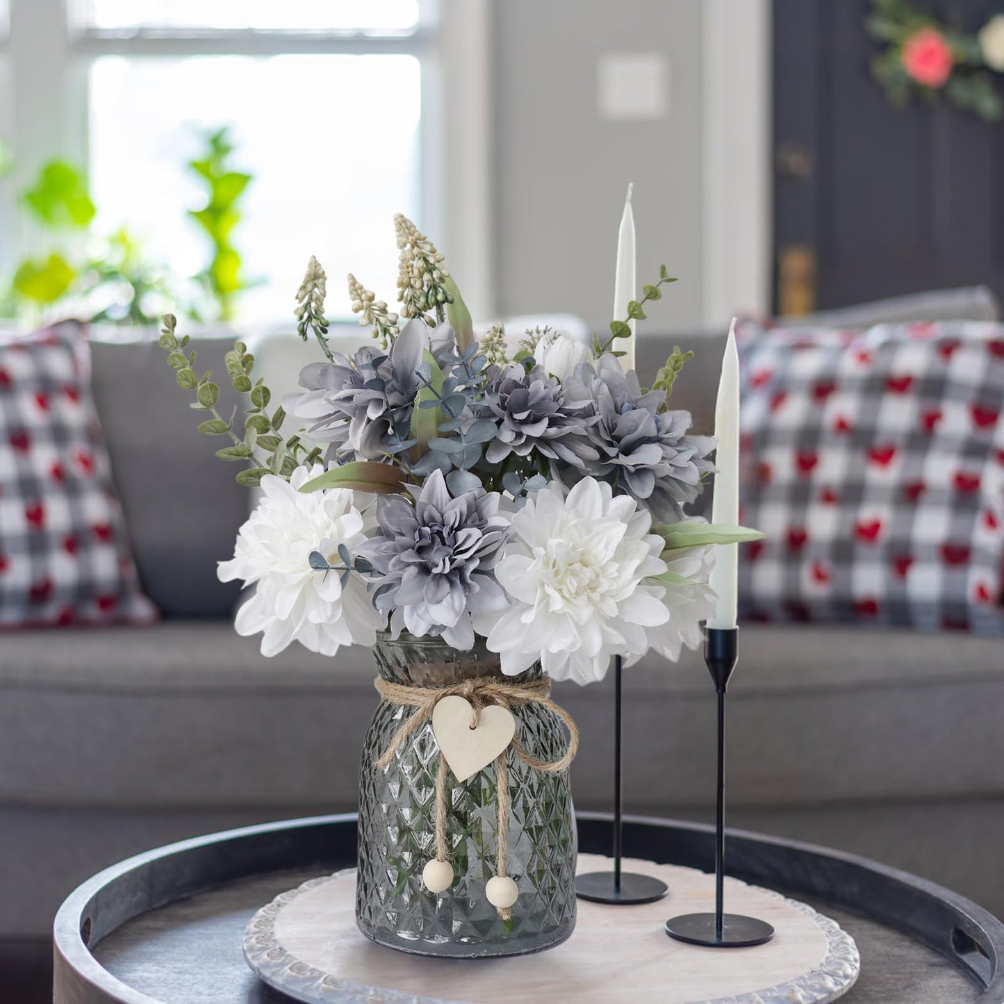 SHINFHOMF Fake Flowers in Vase,8 Dahlias,Silk Artificial Flowers in Vase,Centerpiece Table Decorations,Faux Flowers in Vase with a Flower Arrangement Holder