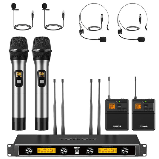 TONOR UHF Wireless Microphones System with Metal Cordless Handheld/Headset/Lavalier Lapel Mics, Bodypack Transmitter, Receiver, 4*10 Channels 295ft Range for Singing Karaoke Church Party DJ PA Speaker