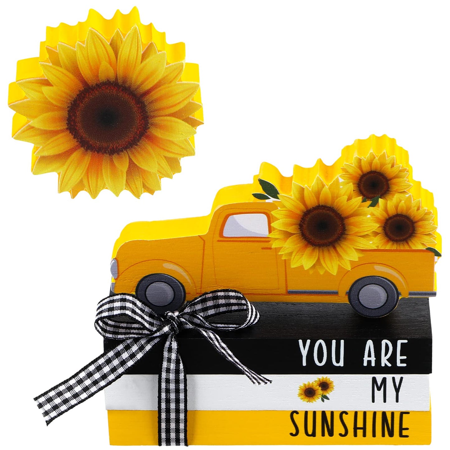 Yookeer 5 Pieces Farmhouse Tiered Tray Decor Items Rustic Wooden Mini Truck Bundle Books Stack Sign for Summer Spring Home Harvest Table Shelf Decorations(Sunflower Style)