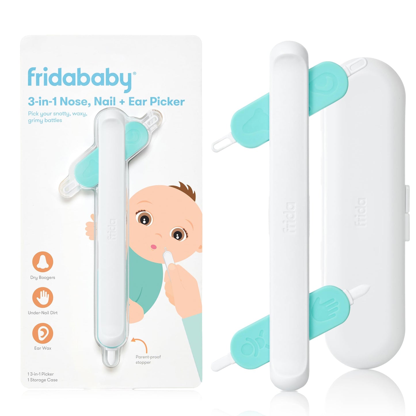 Frida Baby 3-in-1 Nose, Nail + Ear Wax Removal Tool, Baby Ear Cleaner + Baby Nose Cleaner and Nail Tool for Babies + Toddlers, Safely Clean Baby's Boogers
