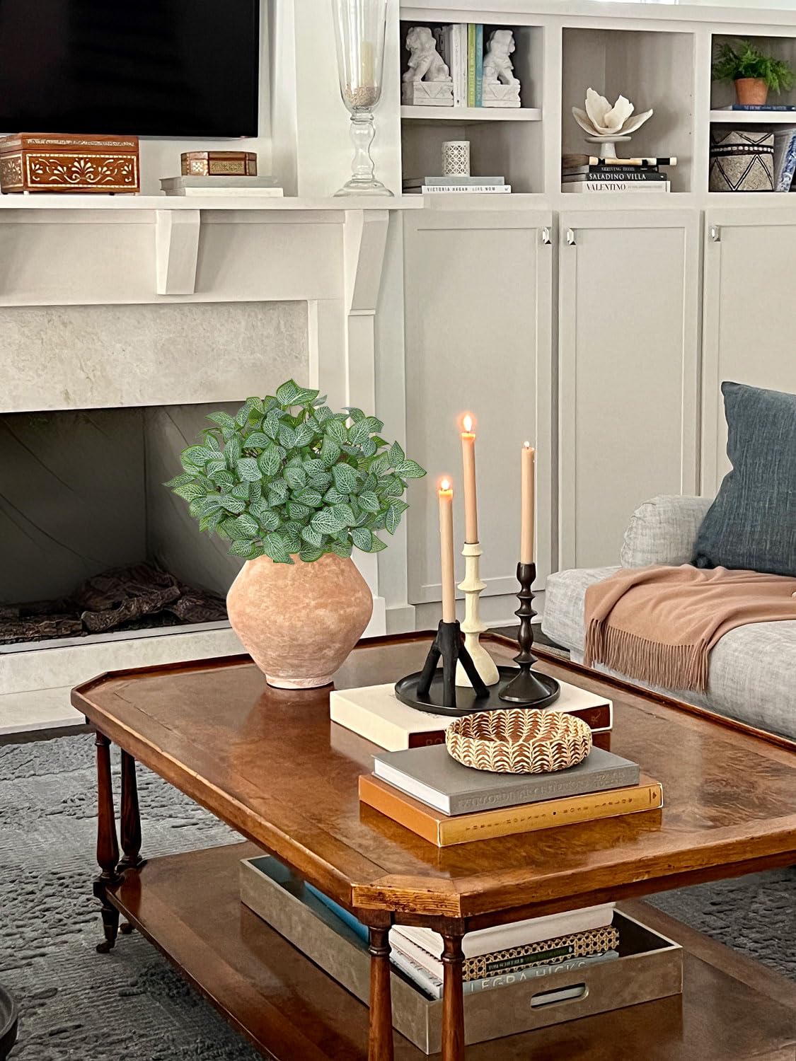 Hollyone 5 Bundles Artificial Greenery Plants Stems Faux Fittonia Leaves Plant Bouquet Fillers for Arrangement, Fake Shrub Bushes Plants for Home Centerpiece Indoor Outdoor Garden Patio Porch