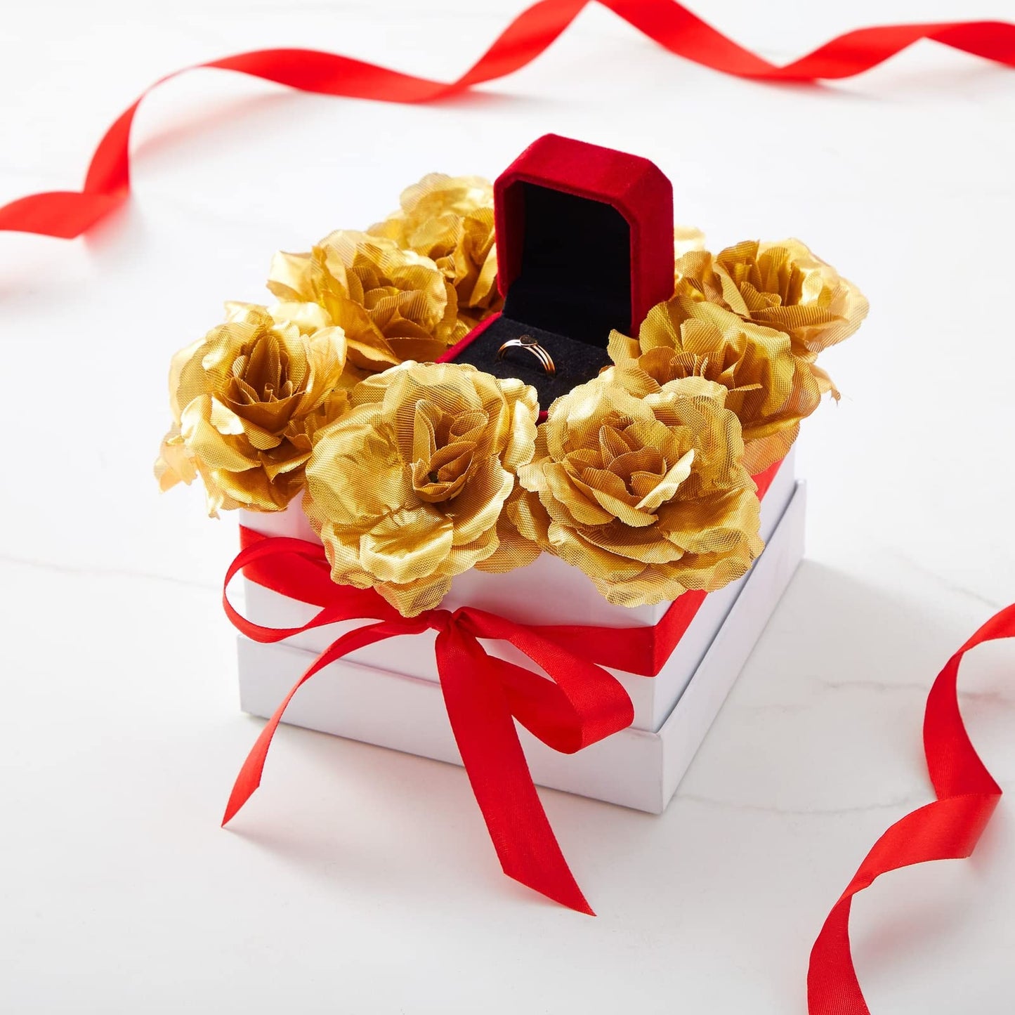 50 Pack Gold Roses Artificial Flowers Bulk, 3 Inch Stemless Fake Silk Roses for Decorations, Wedding, Faux Bouquets