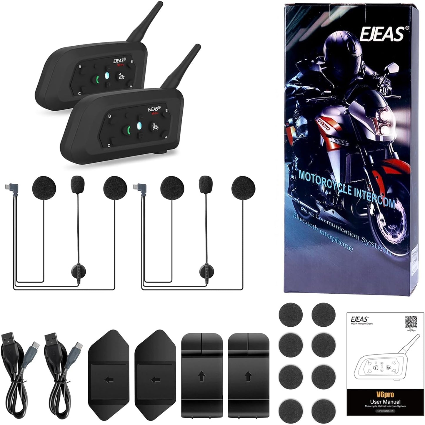 EJEAS V6 Pro Motorcycle Bluetooth Headset, Upgraded 2 Riders Intercom Helmet Communication System with Auto-Answering Call and Noise Reduction for Motorcycling Skiing and Climbing (2 Pack)