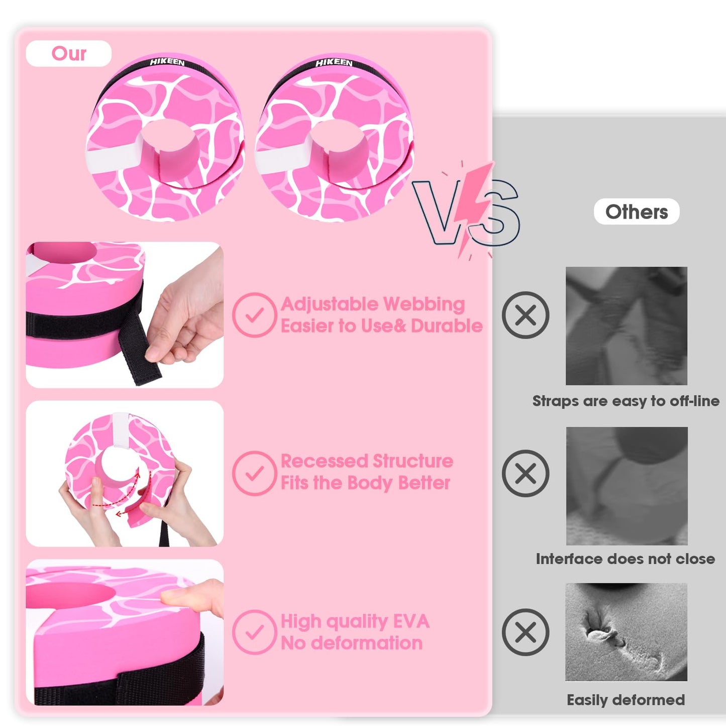 Hikeen Swim Aquatic Cuffs,High-Density EVA Water Aerobics Float Ring Fitness Pool Exercise Weights Set, Water Ankles Arms Belts with Adjustable Float for Swim Fitness Training (Pink)