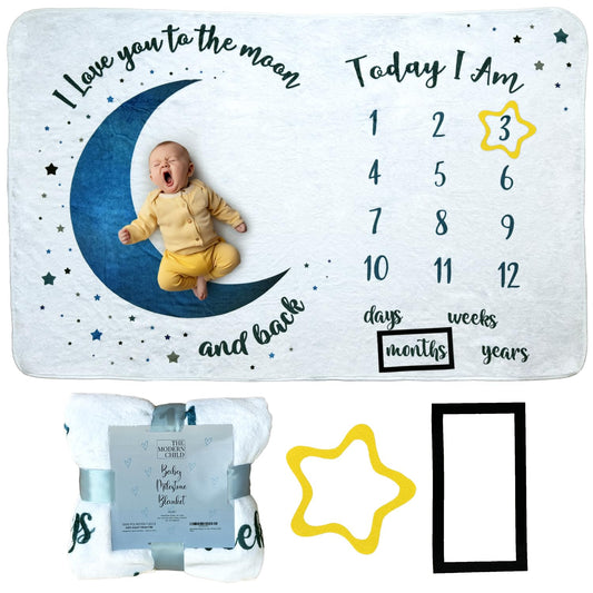 The Modern Child Baby Milestone Blanket - Super Soft Fleece Monthly Milestone Blanket for Baby Girl and Boy - Perfect for Baby's First Year Growth Chart - Monthly Baby Milestone - Blue Moon - 60"x40"