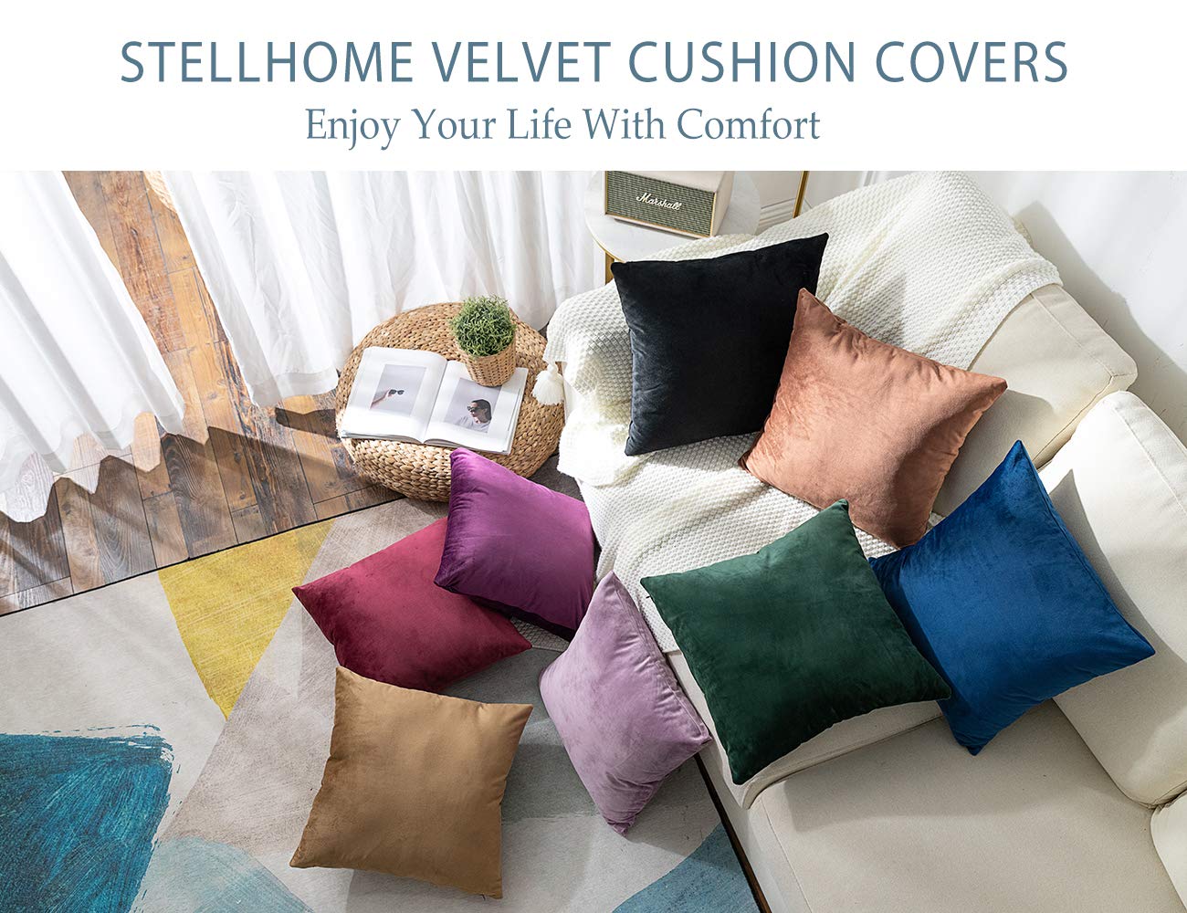Stellhome Cozy Velvet Pillow Covers Square Decorative Throw Pillow Covers for Bed Couch Sofa Bench, 20 x 20 inch (50 cm), Olive, Pack of 2