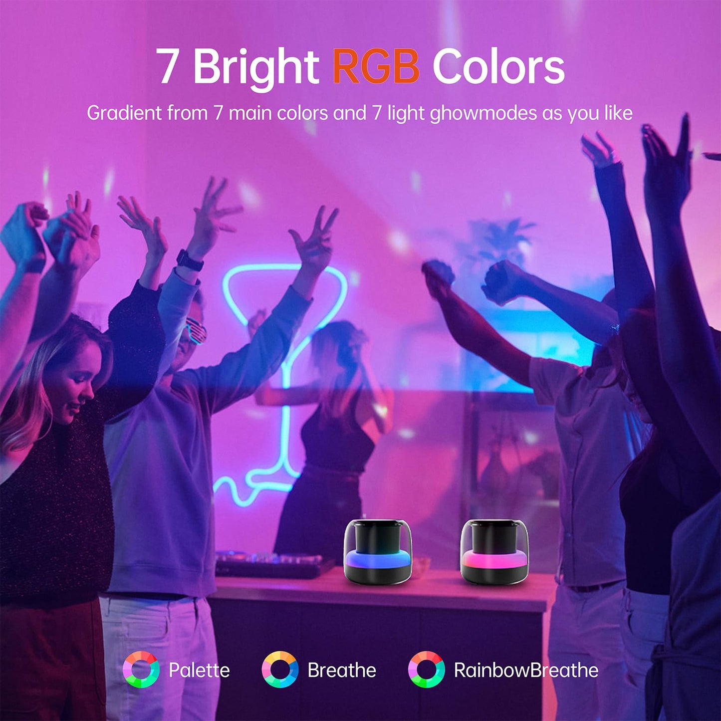 PRSCFUM Bluetooth Speaker, Mini Speaker with RGB Lights, 4H Playtime with Stereo Sound Bass, TF-Card USB, IPX7 Waterproof True Wireless Pairing for Travel, Sport, Party, Black